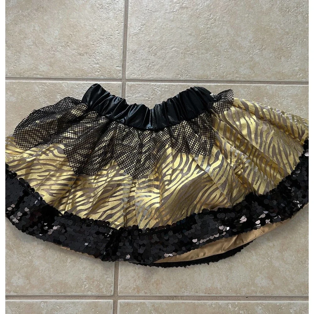Girl’s Monster High Metallic Gold & Black Skirt Tutu Elastic Waist Sequins Mesh